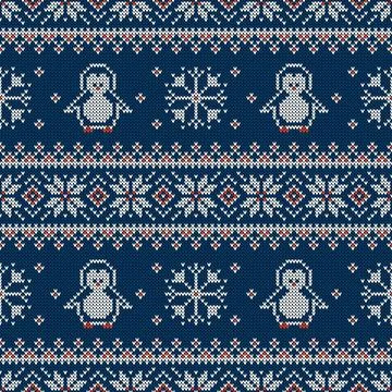 Knitted seamless pattern with penguins and scandinavian ornament. Sweater bac Illustrazione stock