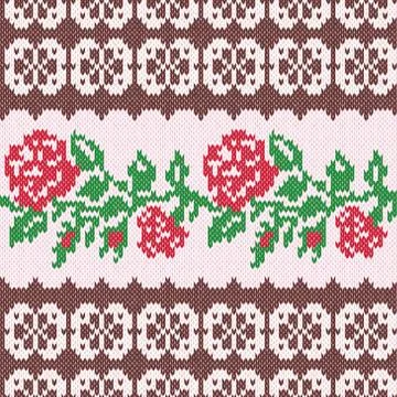 Knitted Seamless Pattern with Red Roses Illustrazione stock