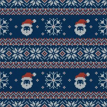 Knitted seamless pattern with Santa. Vector sweater background. Stock Illustration