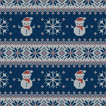 Knitted seamless pattern with snowman and scandinavian ornament. Sweater back 스톡 일러스트