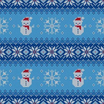 Knitted seamless pattern with snowman and scandinavian ornament. Sweater back Stock Illustration