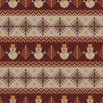 Knitted seamless pattern with snowmen and snowflakes. Stock Illustration
