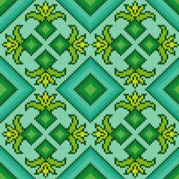 Knitted Seamless Pattern in turquoise, green and yellow Stock Illustration