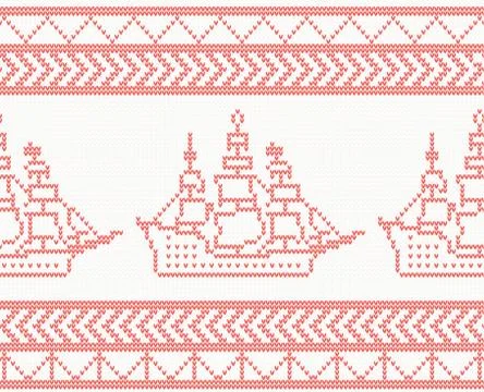 Knitted Ship Seamless Pattern in Red Color. Illustrazione stock