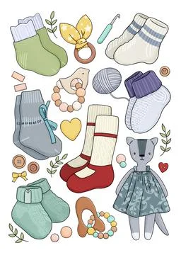 Knitted socks, many different colors and sizes Stock Illustration