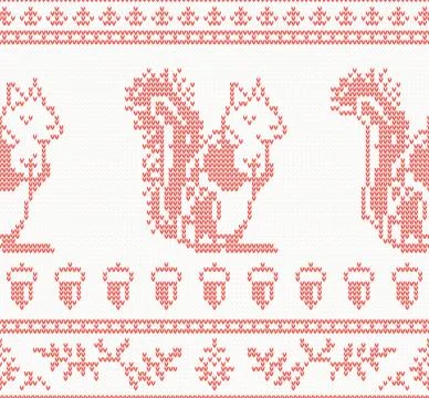 Knitted Squirrel Seamless Pattern in Red Color. 스톡 일러스트