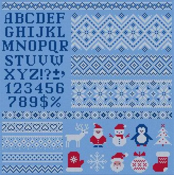 Knitted sweater borders, elements and letters for Christmas design. Scandinav Illustrazione stock