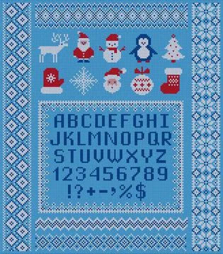 Knitted sweater borders, elements and letters for Christmas design. Scandinav 스톡 일러스트