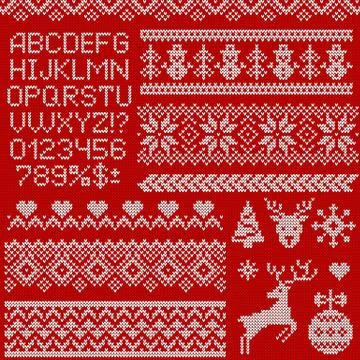 Knitted sweater patterns, elements and letters. Vector set. Illustrazione stock