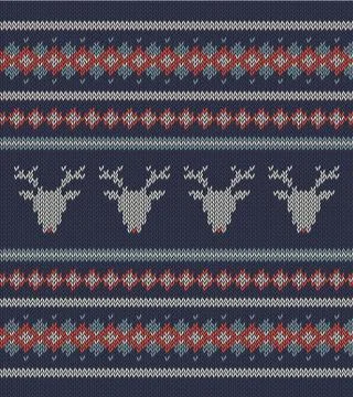 Knitted  texture on blue background with deers Stock Illustration