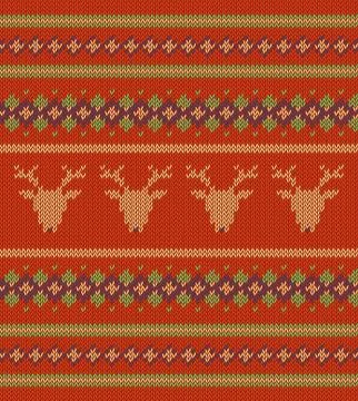 Knitted texture on red background with deers Stock Illustration