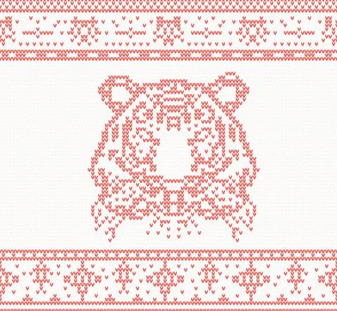 Knitted Tiger. Seamless Pattern in Red Color. Illustrazione stock