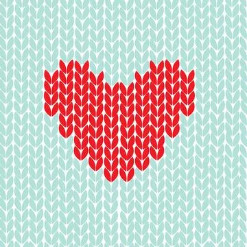 Knitted vector pattern depicting a red heart on a green background Stock Illustration