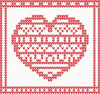 Knitted vector pattern with red heart. 스톡 일러스트