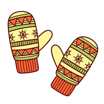 Knitted winter clothes, vector flat illustration. Mittens, glove with pattern Stock Illustration