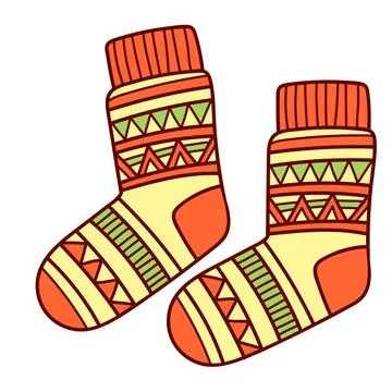 Knitted winter clothes, vector flat illustration. Socks with pattern Stock Illustration