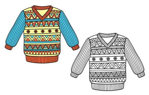 Knitted winter clothes, vector flat illustration sweater with pattern Stock Illustration