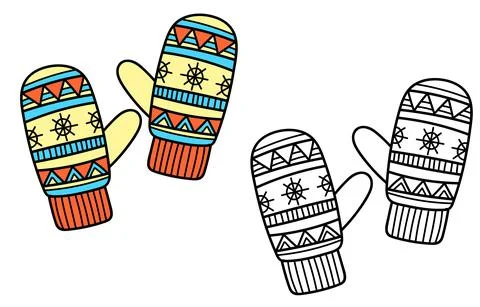 Knitted winter clothes, vector flat illustration. Mittens, glove with pattern Stock Illustration