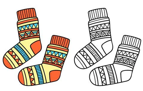 Knitted winter clothes, vector flat illustration. Socks with pattern Stock Illustration