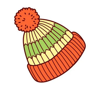 Knitted winter clothes, vector illustration. Hat with pompom Stock Illustration