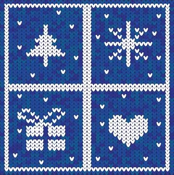 Knitted winter elements on a winter background. Sweater knitting pattern. Stock Illustration