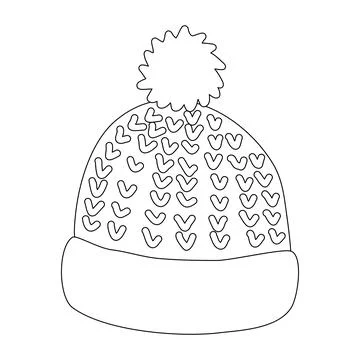 Knitted winter hat with pompom, doodle style flat vector outline for kids Stockillustratie
