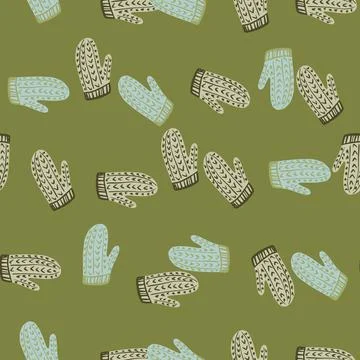 Knitted wool mittens seamless pattern in doodle style. Cozy christmas clothes Stockillustratie