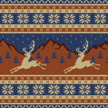 Knitted wool tapestry with deers on a background of mountains, starry sky and Stock Illustration