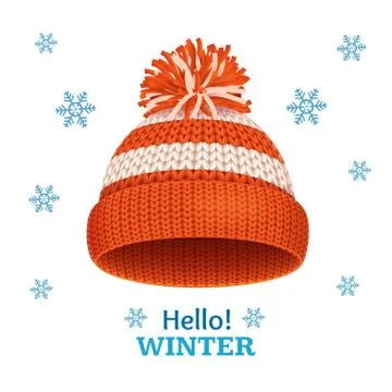 Knitted Woolen Red Hat for Winter Season Card. Vector Illustrazione stock