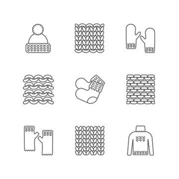 Knittind clothes, knitted samples thin line icons. Hat, mittens, socks, sweater Stock Illustration