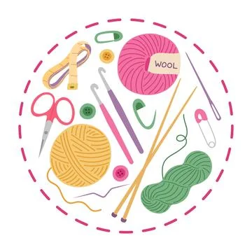 Knitting and crochet circular composition. Yarn craft tools and supplies vector Illustrazione stock