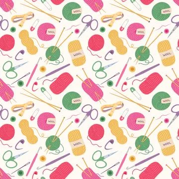 Knitting and crochet tools and supplies seamless pattern vector illustration Illustrazione stock