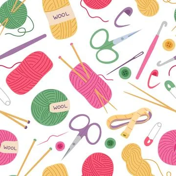 Knitting and crochet tools and supplies seamless pattern vector illustration Illustrazione stock
