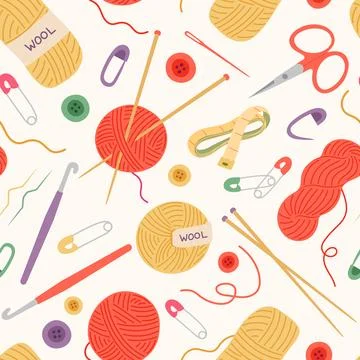 Knitting and crochet tools and supplies seamless pattern vector illustration Stock-Illustration