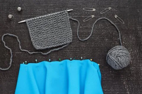 Knitting and needlework on black background Stock Photos