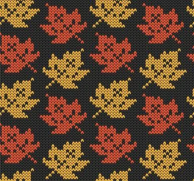 Knitting autumn seamless pattern from leaves. Stock Illustration