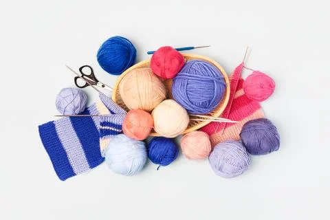 Knitting balls in basket Stock Photos