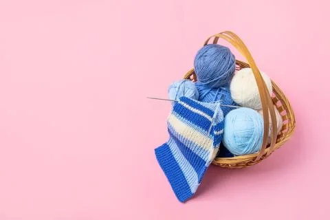 Knitting balls in basket Stock Photos