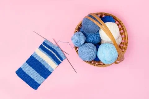 Knitting balls in basket Stock Photos