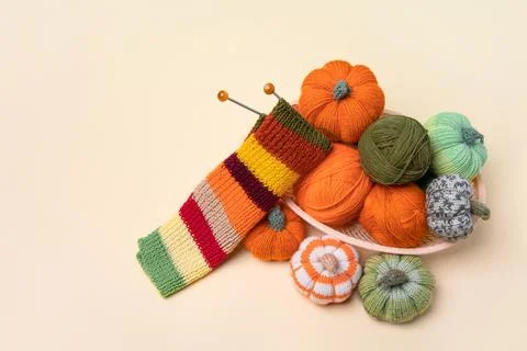 Knitting balls in basket Stock Photos