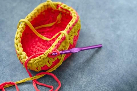 Knitting basket on the blue background Stock Photos