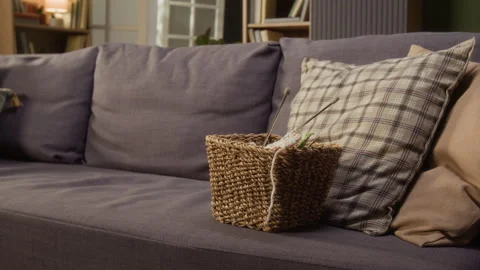 Knitting Basket with Yarn and Needles Resting on Living Room Sofa Video stock 336939732