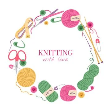 Knitting border frame vector illustration. Colorful circular template with Ilustração Stock