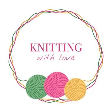 Knitting border frame vector illustration. Colorful wool yarn balls and thr.. Illustrazione stock
