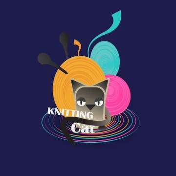 Knitting cat, cute creative logotype for web and print Stock Illustration