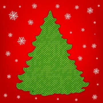 Knitting christmas tree on red background with snowflakes Stock Illustration