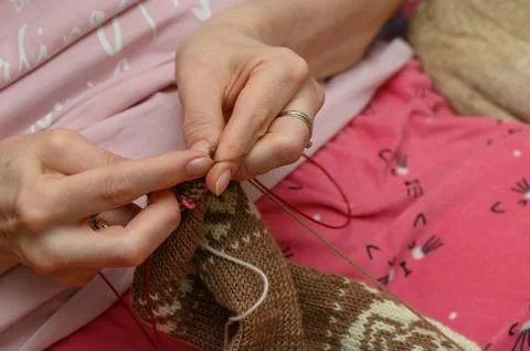 Knitting Colorwork Pattern with Stitch Marker Stock Photos
