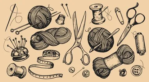 Knitting concept set items. Clew and knitting needles, wool yarn, tailor Stock Illustration