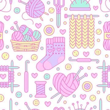 Knitting, crochet seamless pattern. Cute vector flat line illustration of hand Illustrazione stock
