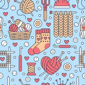 Knitting, crochet seamless pattern. Cute vector flat line illustration of hand Stock Illustration